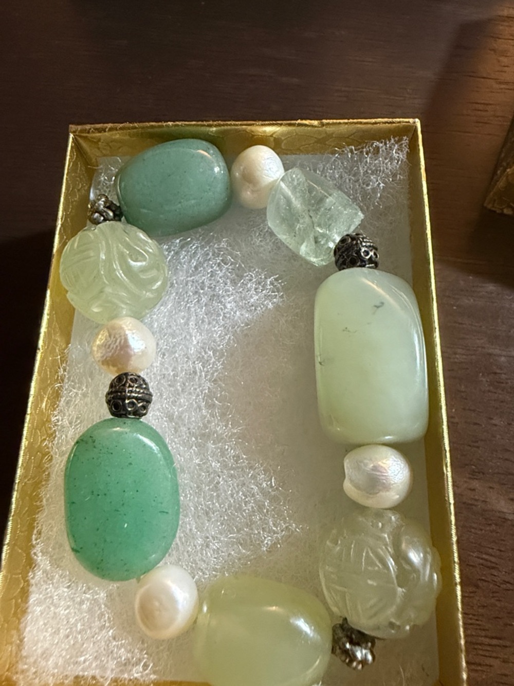 Green and Cream Beaded Stretch Bracelet - Brand